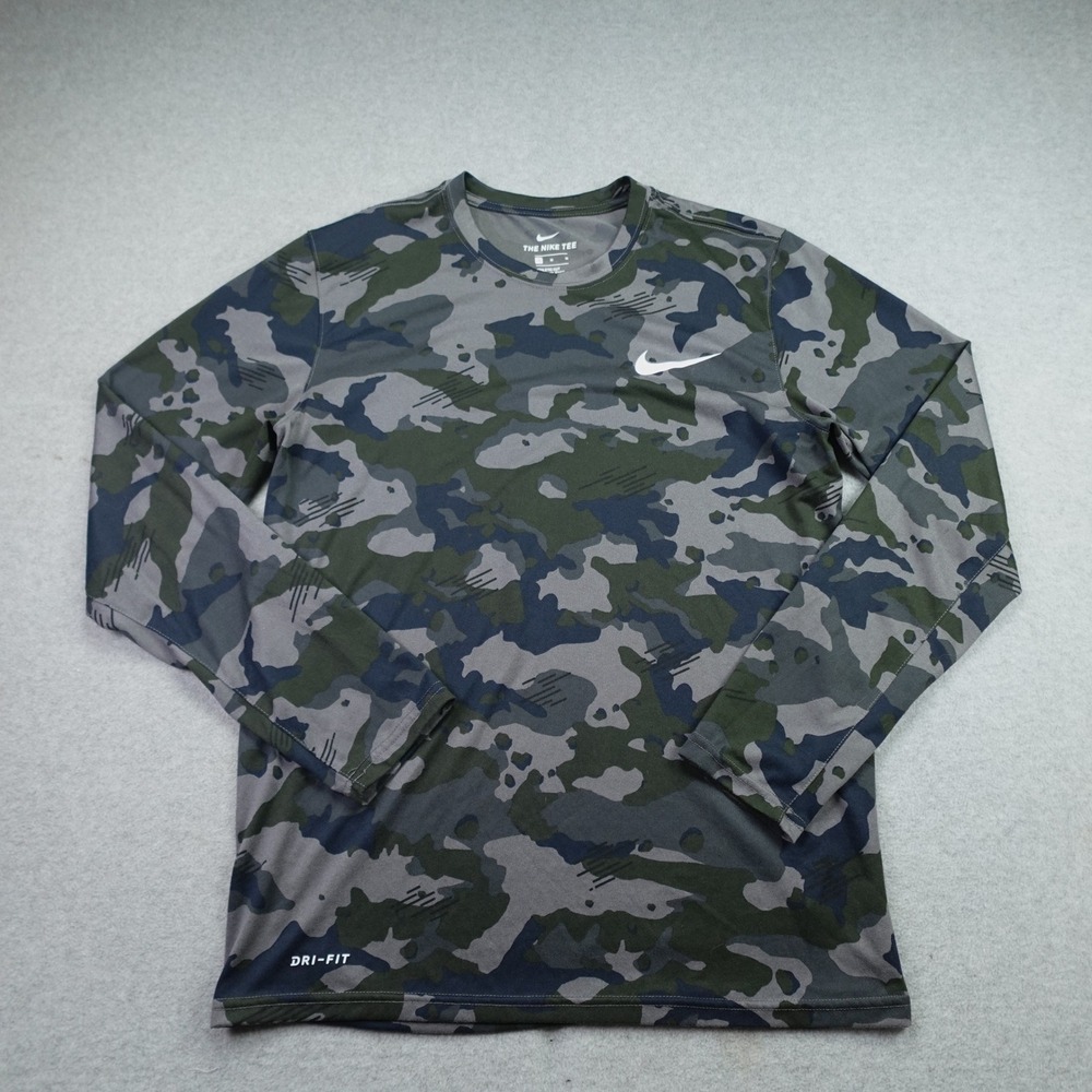 Nike Shirt Mens M Gray Camo The Nike Tee Athletic Long Sleeve Dri-FIT